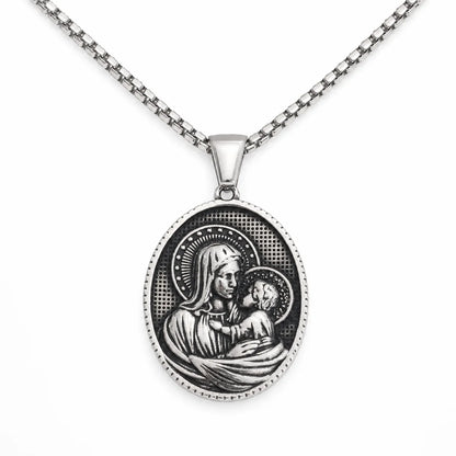Oval Mother Mary and Child Necklace Silver Pendant with Chain Front View White Background