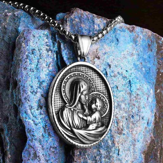 Oval Mother Mary and Child Necklace Xenos Jewelry