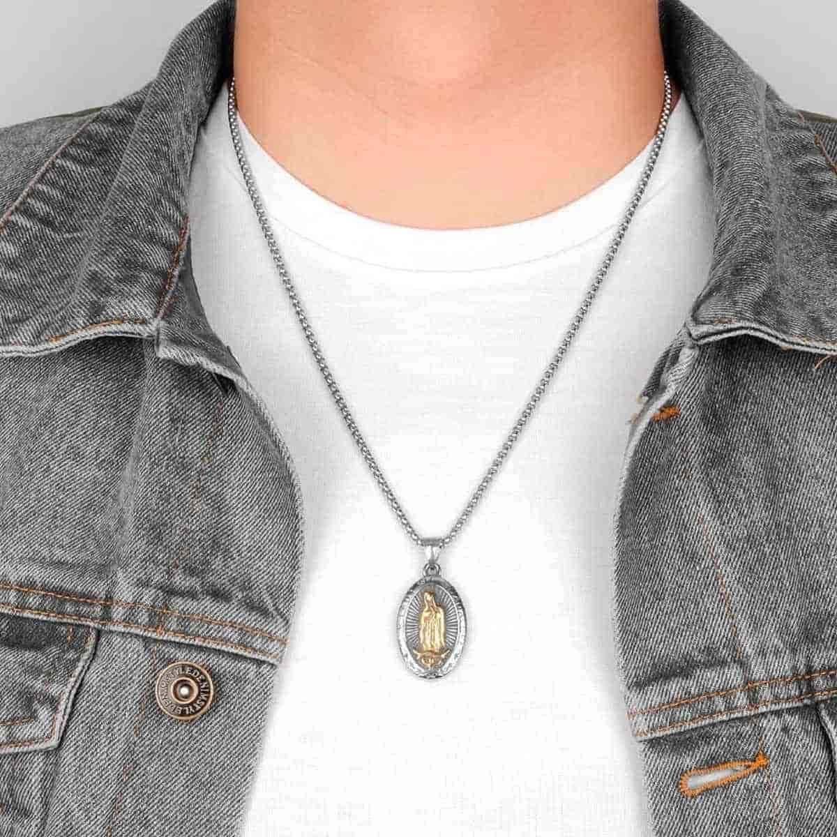 Oval Our Lady of Guadalupe Medal Worn by Model Xenos Jewelry