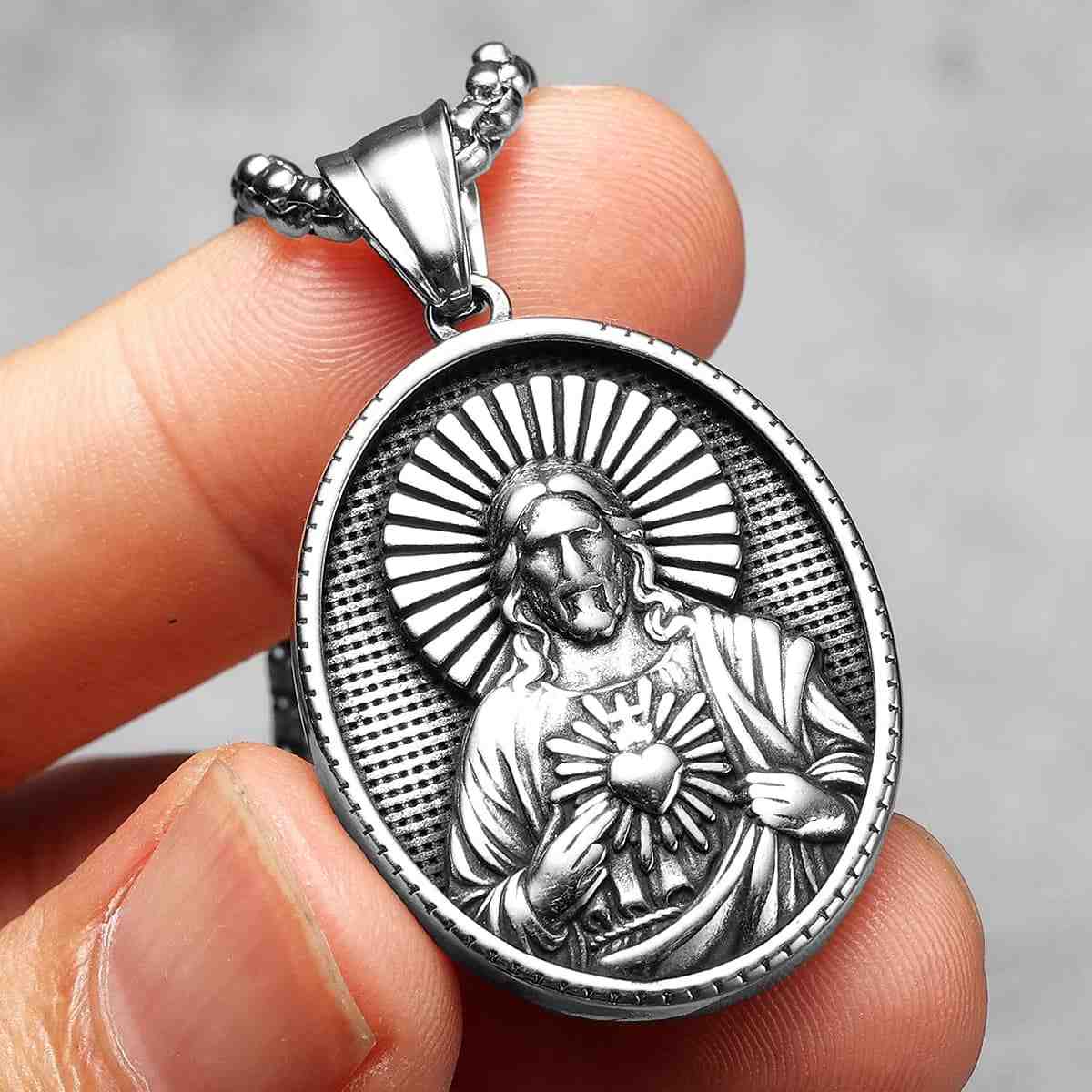 Oval Sacred Heart of Jesus Necklace Front Xenos Jewelry