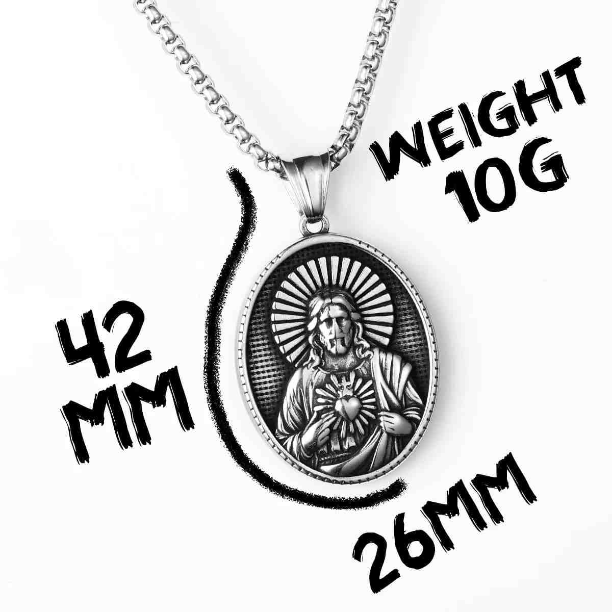 Oval Sacred Heart of Jesus Necklace Pendant with Chain Dimensions and Weight Xenos Jewelry