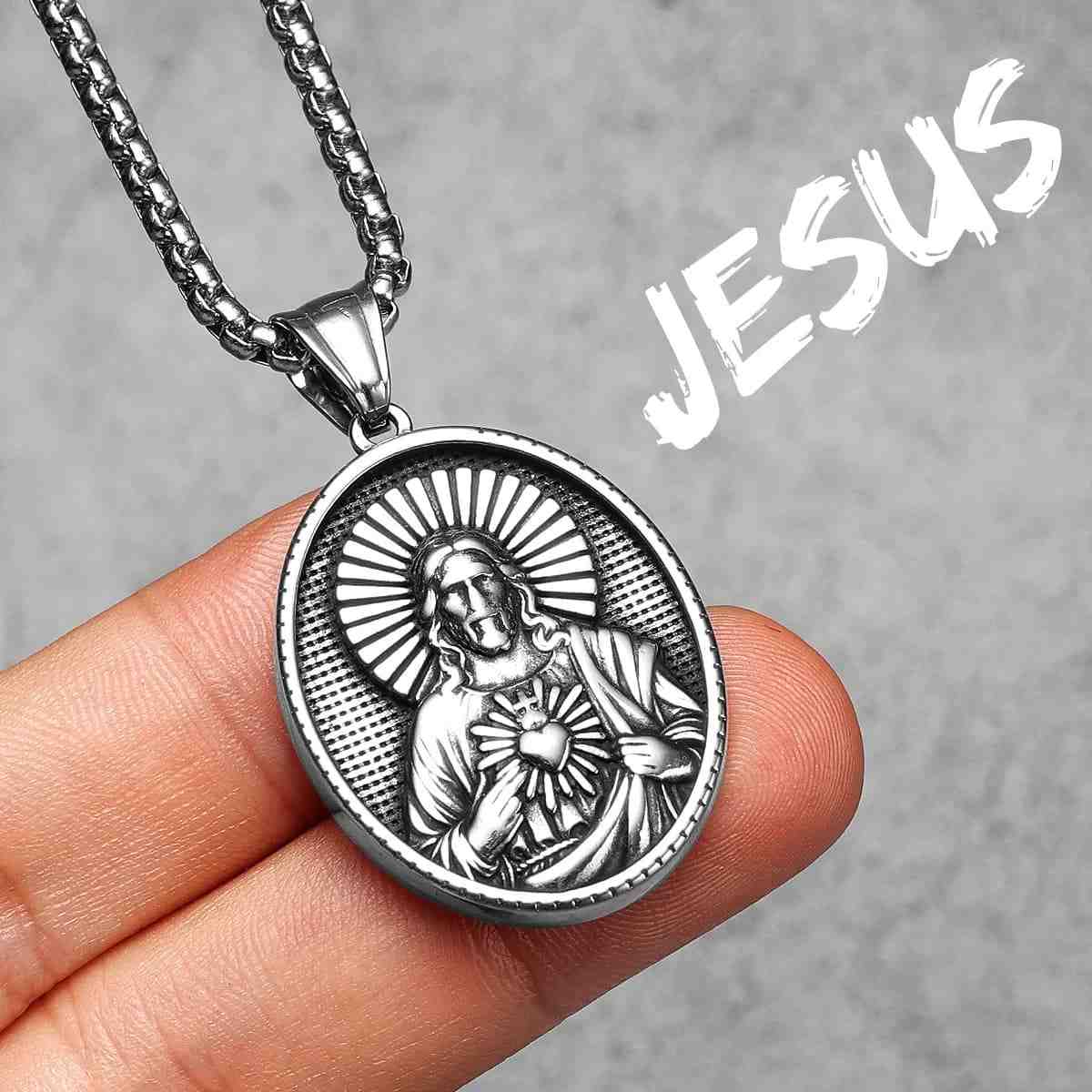 Oval Sacred Heart of Jesus Necklace Pendant with Chain Front Xenos Jewelry