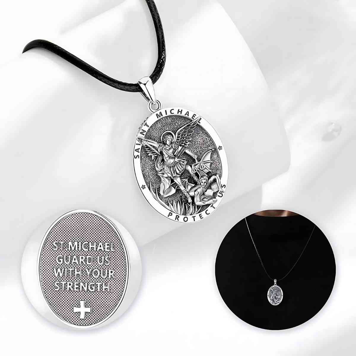 Oval Saint Michael Pendant with Prayer Displayed on White Surface Xenos Jewelry