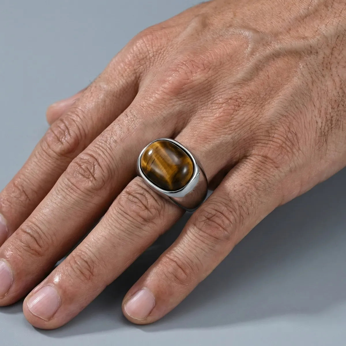 Oval Silver Tiger's Eye Ring Worn by Male Model Close Up