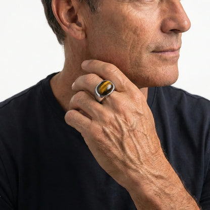 Oval Silver Tiger's Eye Ring Worn by Male Model