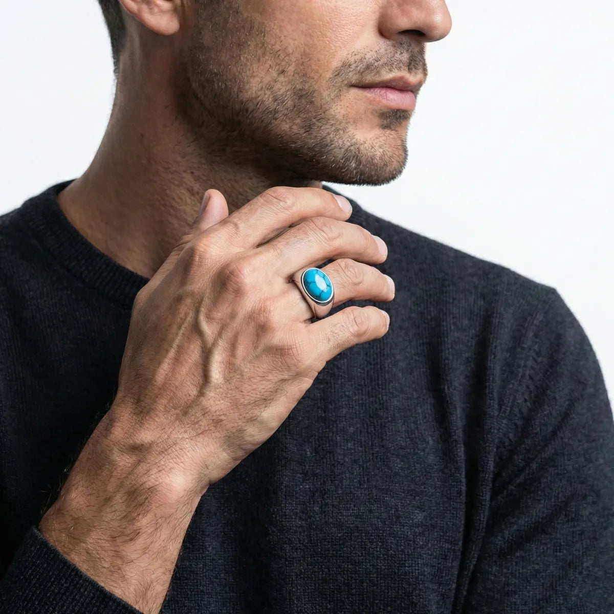 Oval Silver Turquoise Ring Worn by Male Model