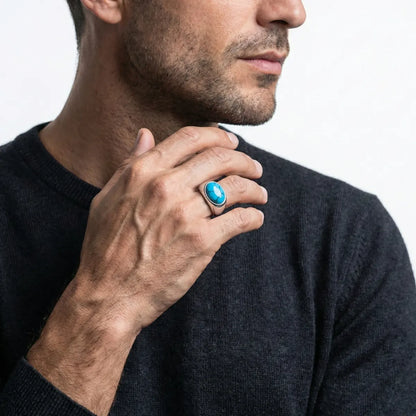 Oval Silver Turquoise Ring Worn by Male Model