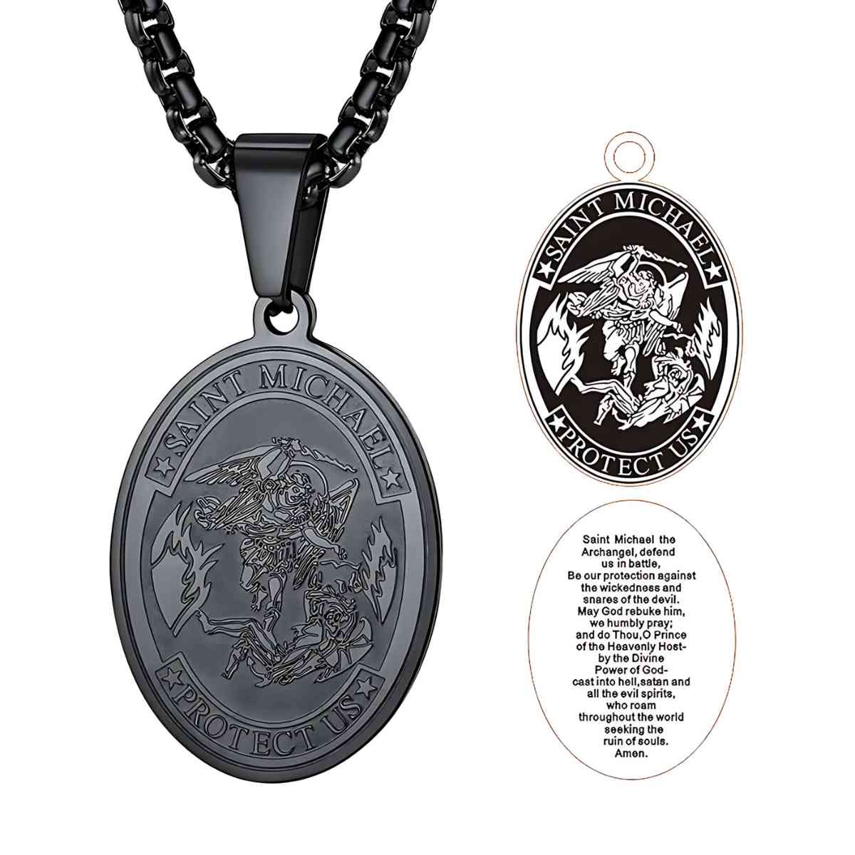 Oval St Michael Archangel Biblical Medallion Black Front and Back Xenos Jewelry