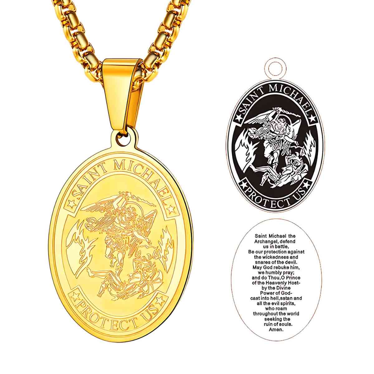 Oval St Michael Archangel Biblical Medallion Gold with Chain Xenos Jewelry