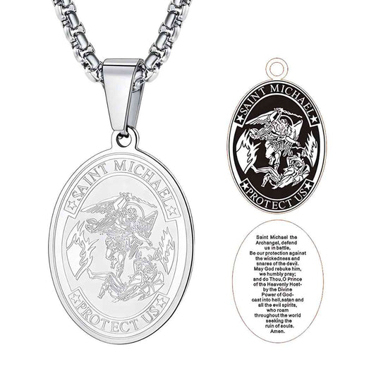 Oval St Michael Archangel Biblical Medallion Silver Front and Back Xenos Jewelry