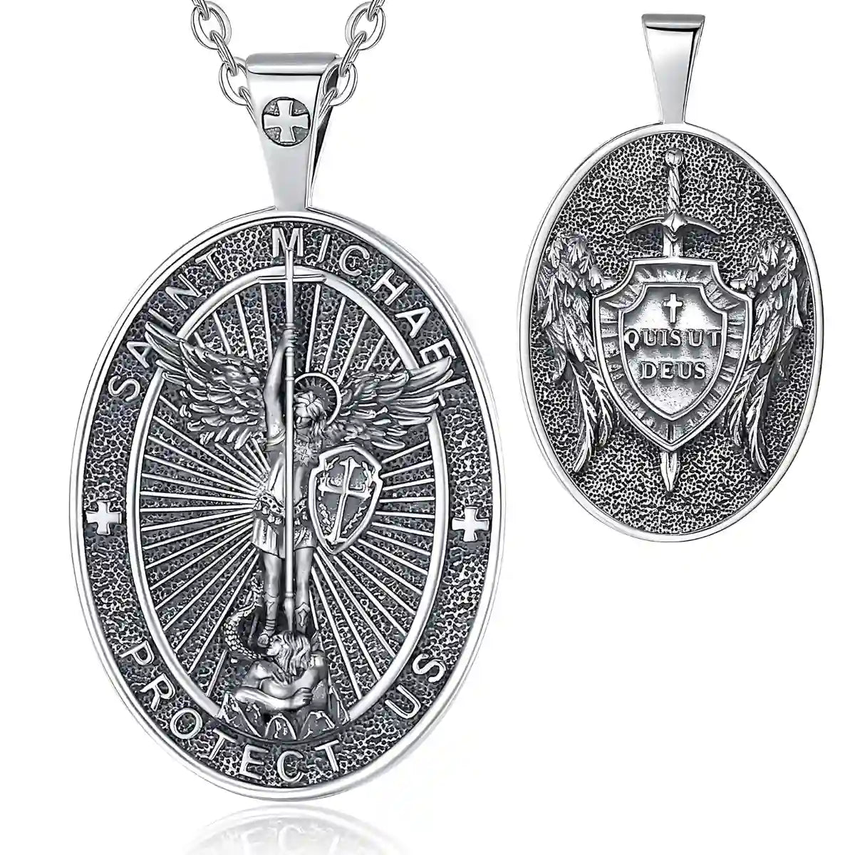 Oval St Michael Archangel Medallion Model A Silver Pendant with 18 inch Chain