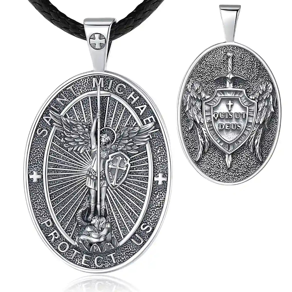 Oval St Michael Archangel Medallion Model A Silver Pendant with 24 inch Rope Chain