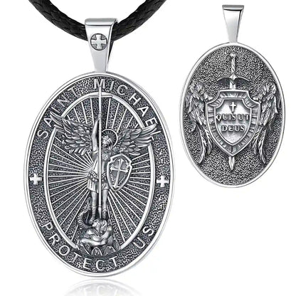 Oval St Michael Archangel Medallion Model A Silver Pendant with 24 inch Rope Chain