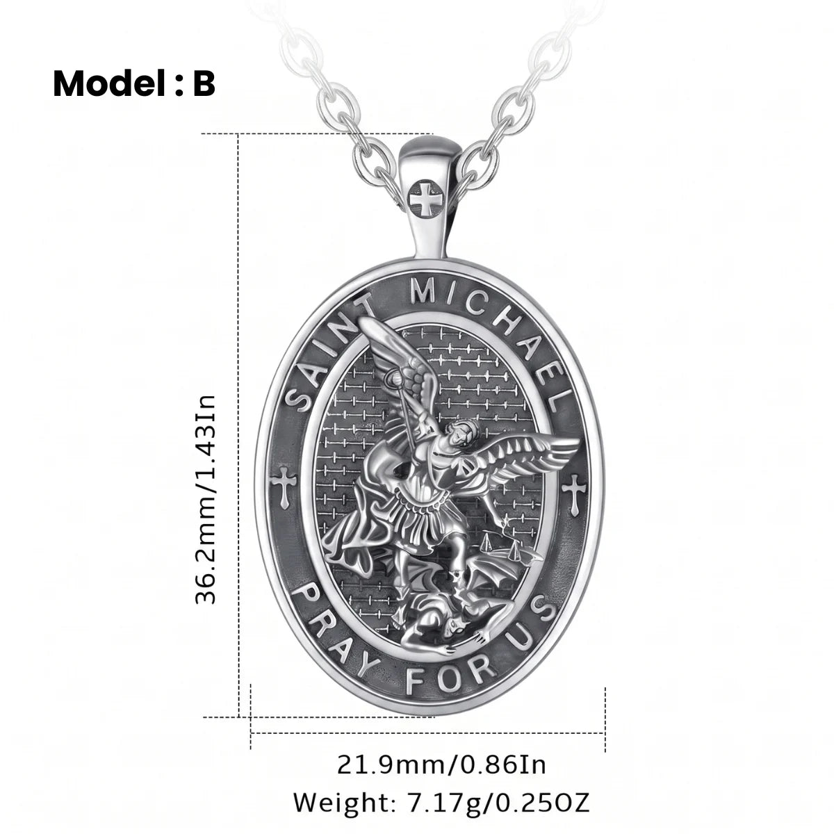 Oval St Michael Archangel Medallion Model B Silver Dimensions and Details