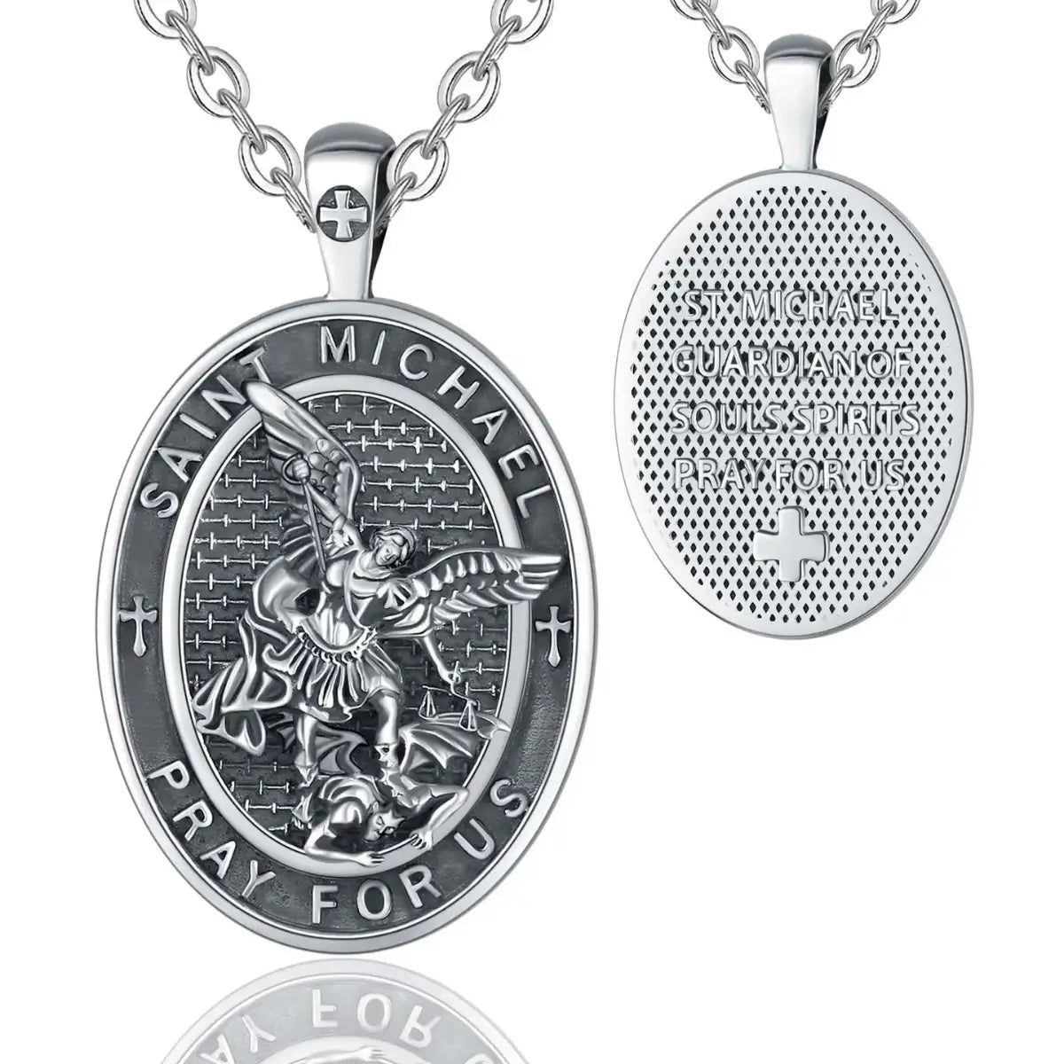 Oval St Michael Archangel Medallion Model B Silver Pendant with 18 inch Chain