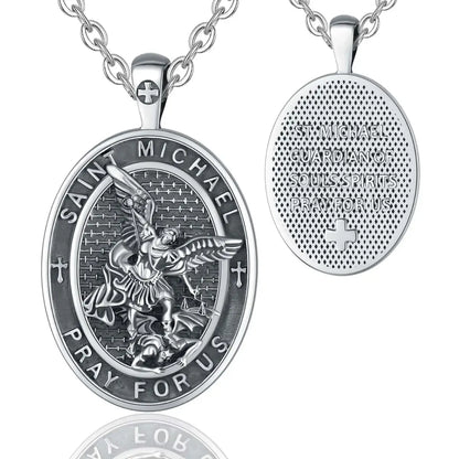 Oval St Michael Archangel Medallion Model B Silver Pendant with 18 inch Chain