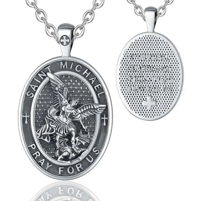 Oval St Michael Archangel Medallion Model B Silver Pendant with 20 inch Chain
