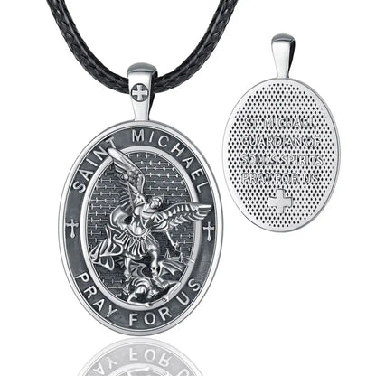 Oval St Michael Archangel Medallion Model B Silver Pendant with 24 inch Rope Chain