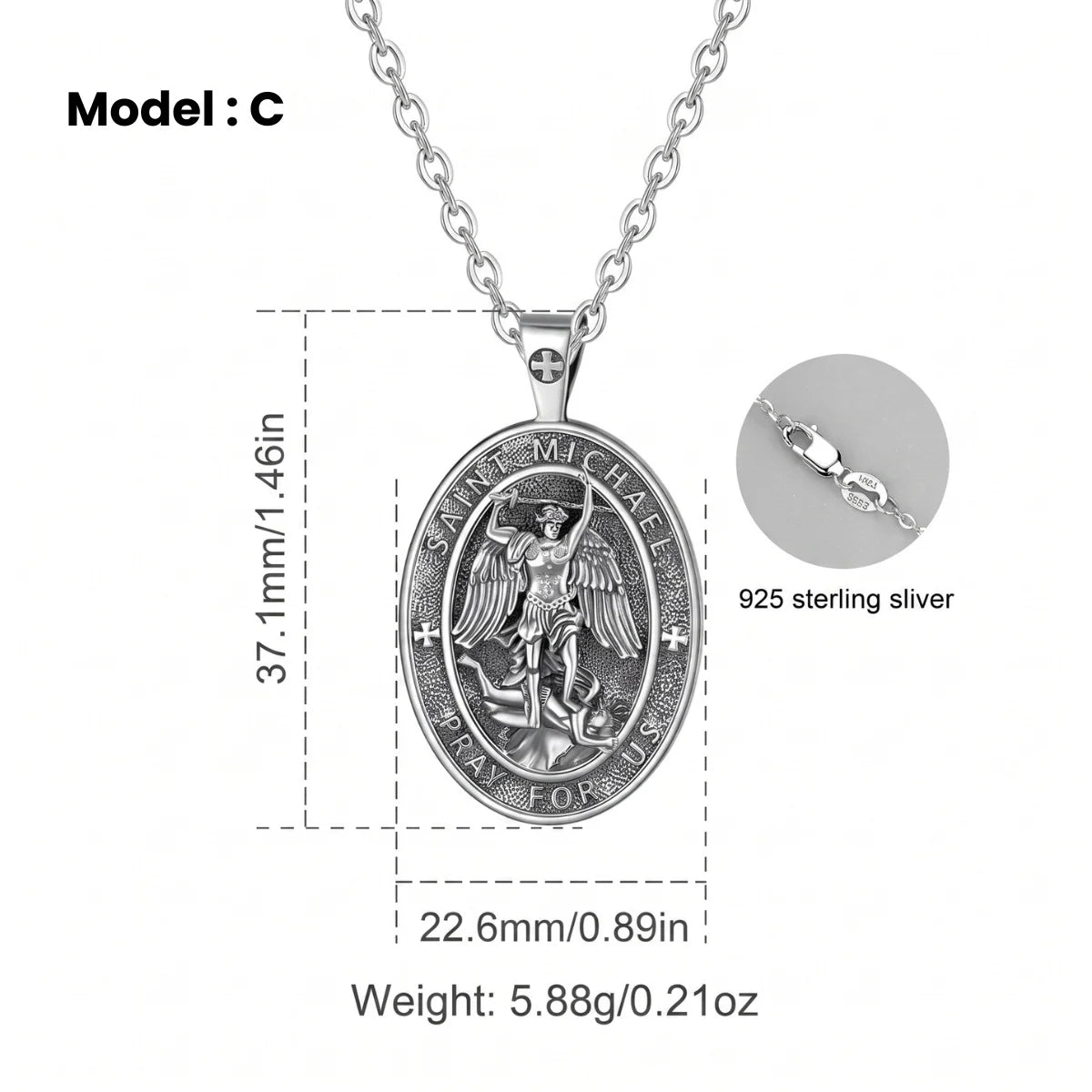 Oval St Michael Archangel Medallion Model C Silver Dimensions and Details