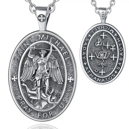 Oval St Michael Archangel Medallion Model C Silver Pendant with 20 inch Chain