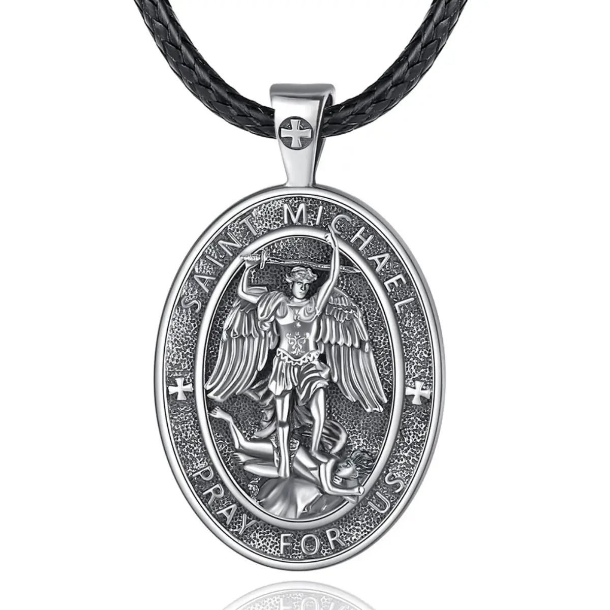 Oval St Michael Archangel Medallion Model C Silver Pendant with 24 inch Rope Chain