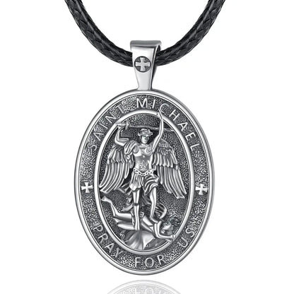Oval St Michael Archangel Medallion Model C Silver Pendant with 24 inch Rope Chain