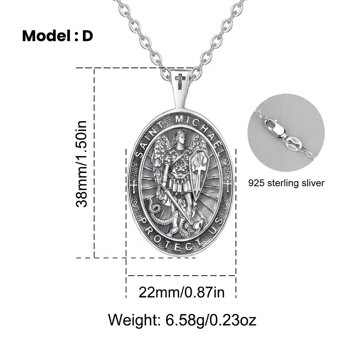 Oval St Michael Archangel Medallion Model D Silver Dimensions and Details