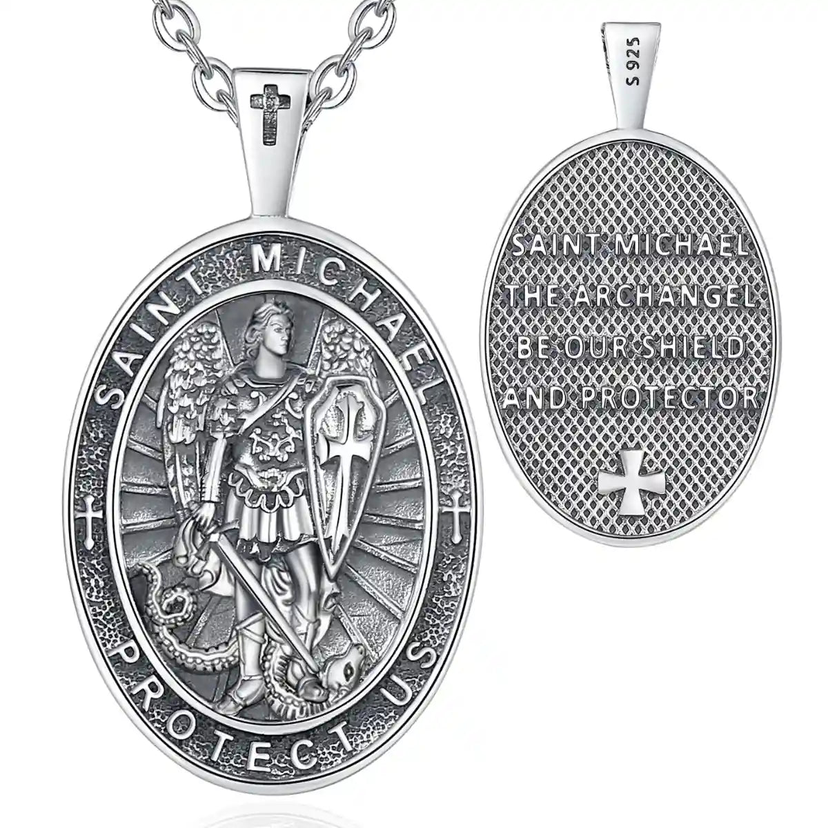 Oval St Michael Archangel Medallion Model D Silver Pendant with 18 inch Chain