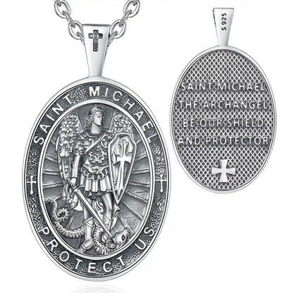 Oval St Michael Archangel Medallion Model D Silver Pendant with 20 inch Chain