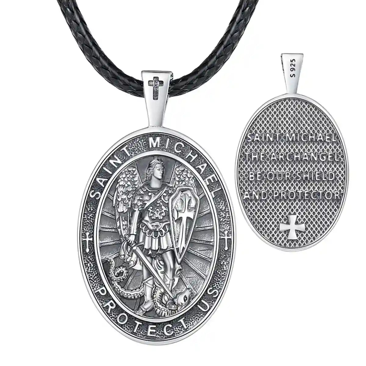 Oval St Michael Archangel Medallion Model D Silver Pendant with 24 inch Rope Chain