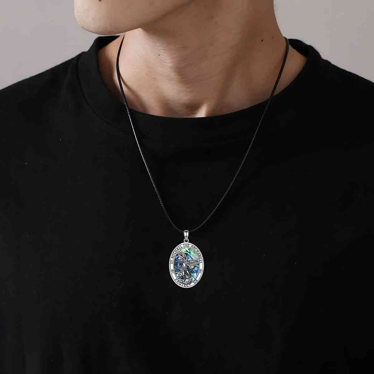 Oval St Michael Medallion with Abalone Shell Worn by Model Xenos Jewelry