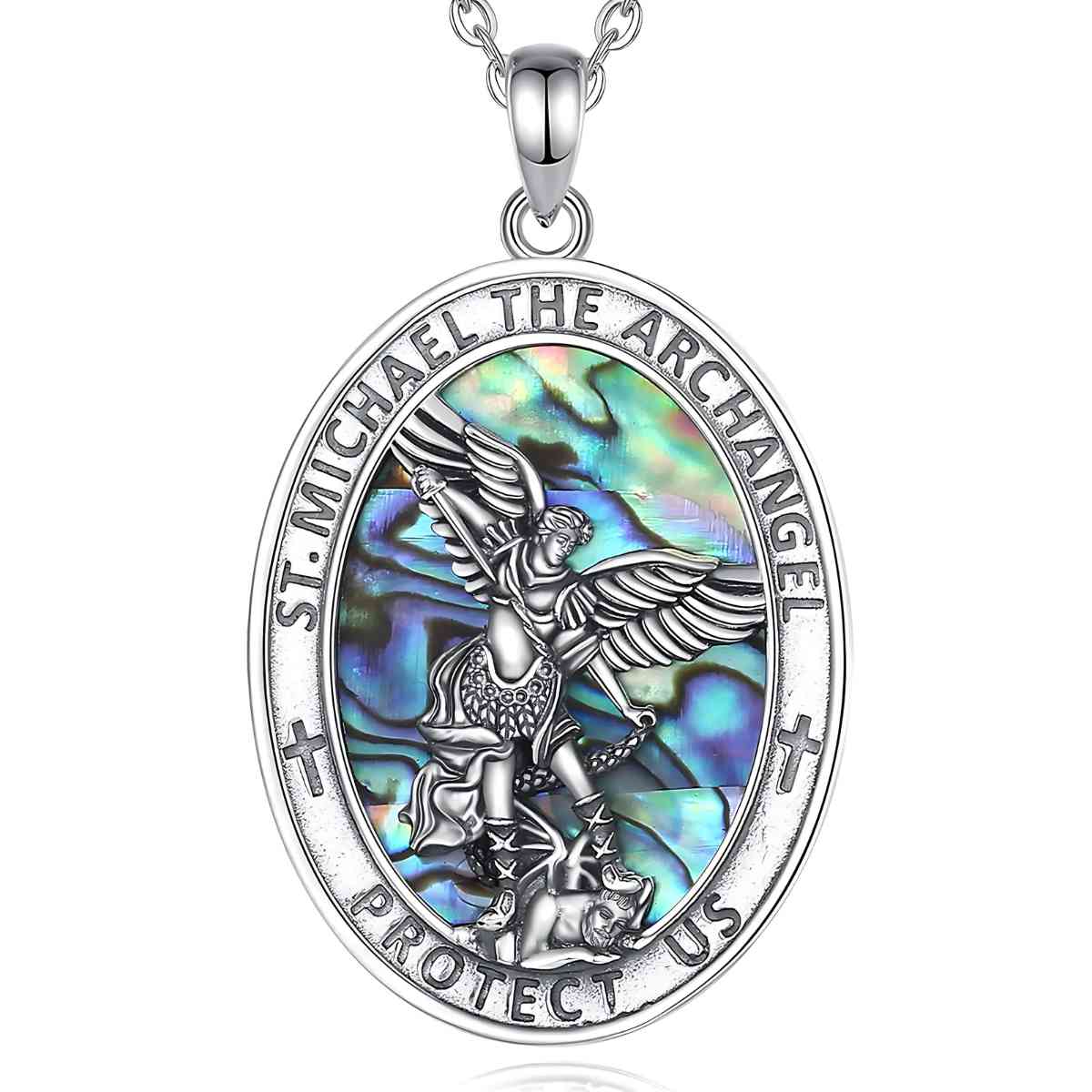 Oval St Michael Medallion with Abalone Shell with 18 inch Chain Xenos Jewelry