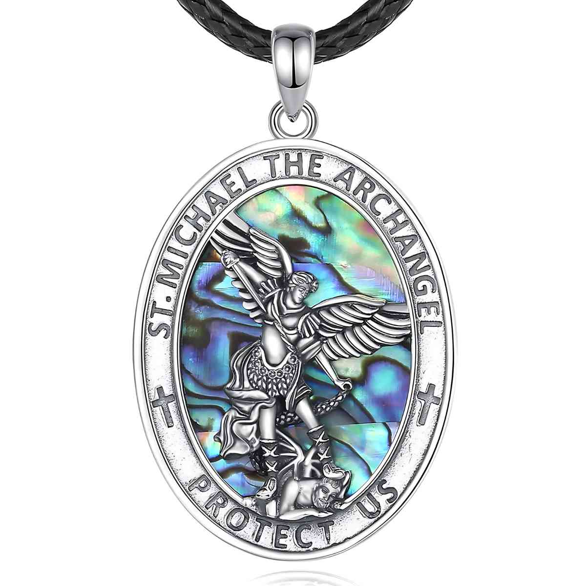 Oval St Michael Medallion with Abalone Shell with 24 inch Rope Xenos Jewelry