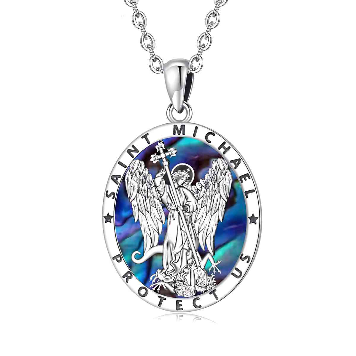 Oval St Michael Necklace with Abalone Shell with 18 inch Chain Xenos Jewelry