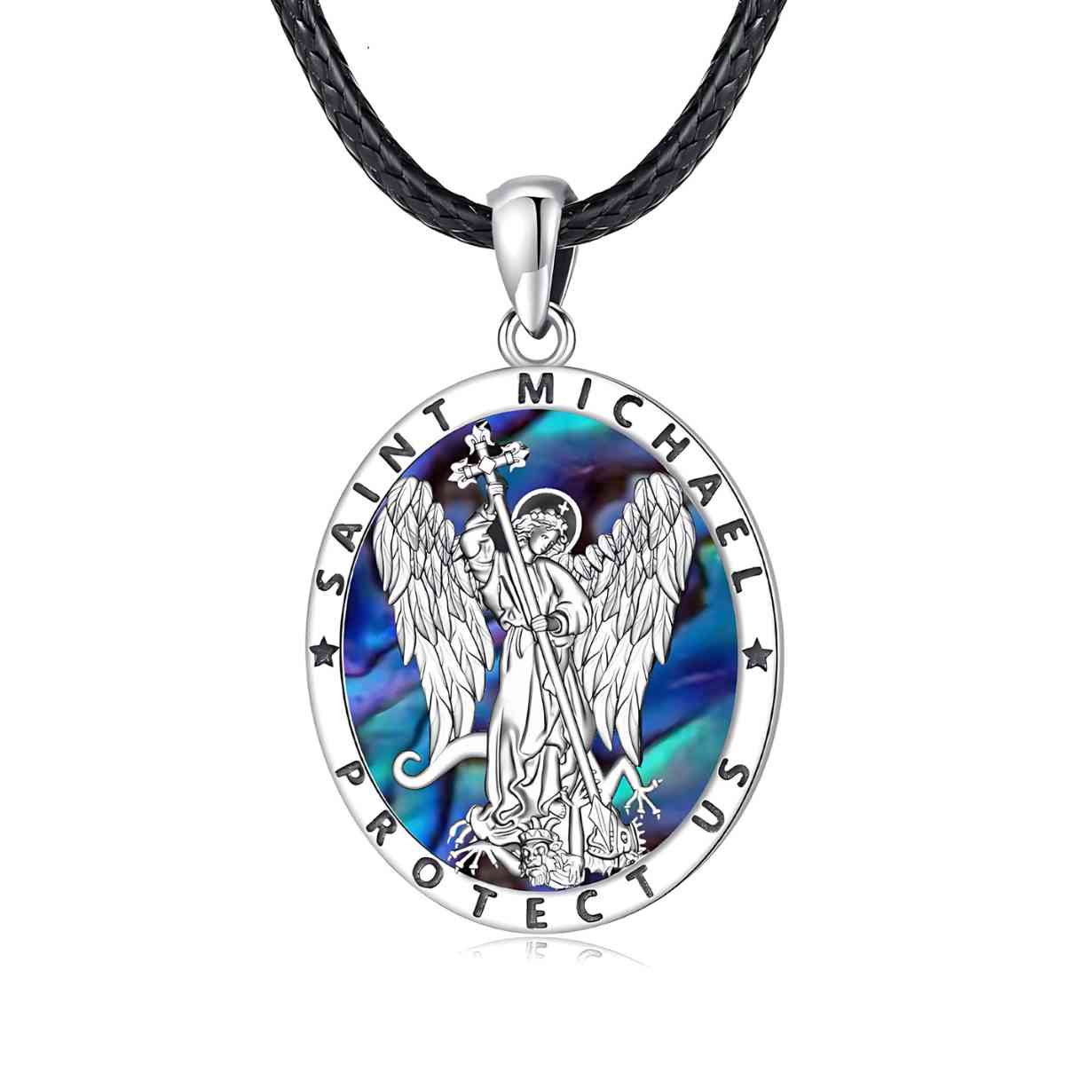 Oval St Michael Necklace with Abalone Shell with 24 inch Rope Xenos Jewelry