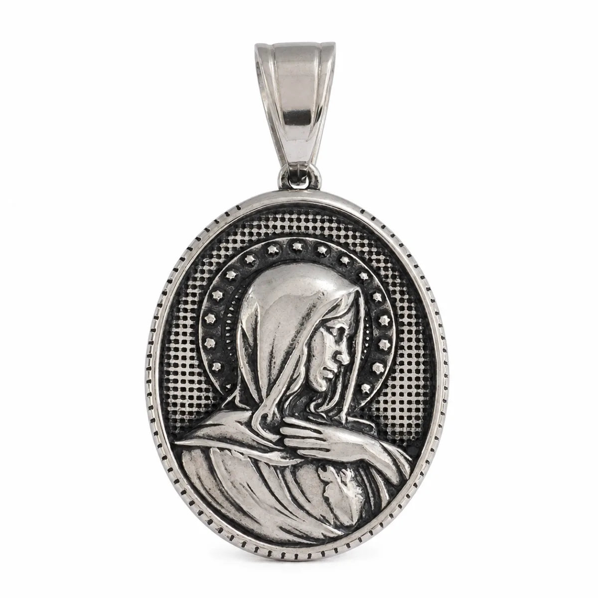 Oval Virgin Mary Medal with Stars Silver Pendant Only Front View White Background