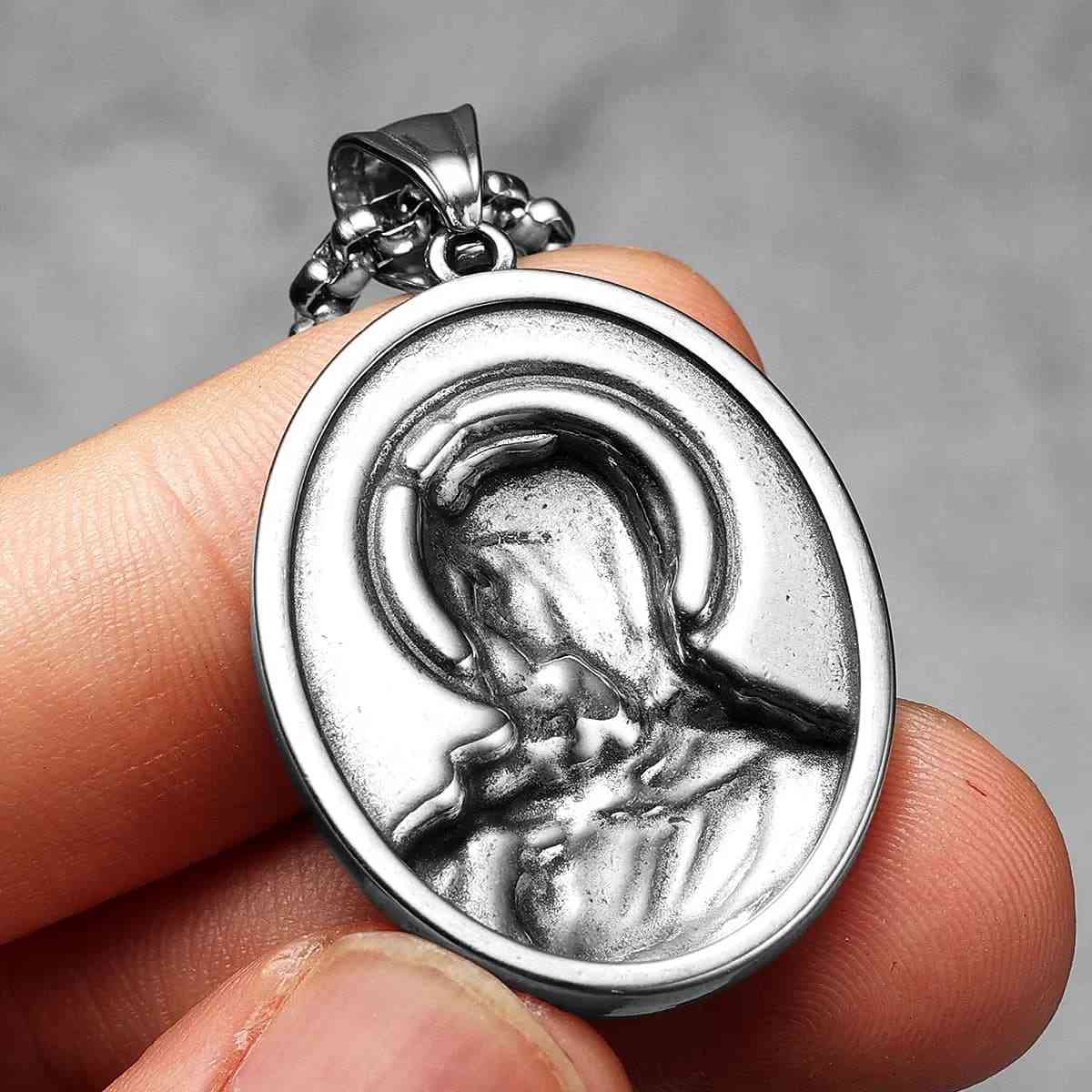 Oval Virgin Mary Necklace with Stars Back Xenos Jewelry