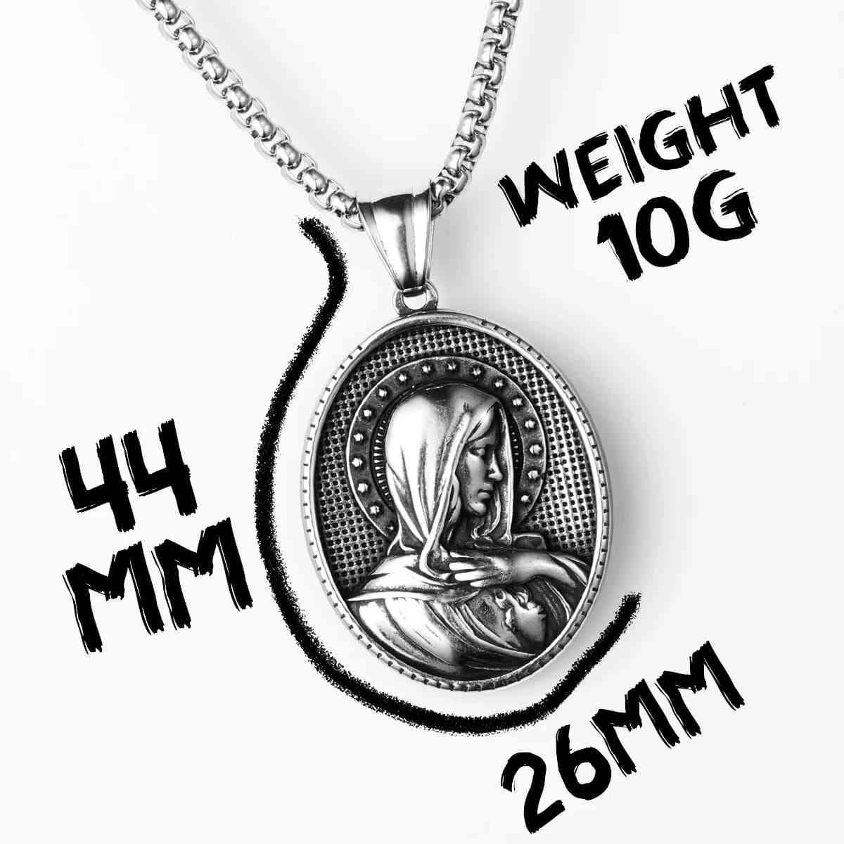 Oval Virgin Mary Necklace with Stars Dimensions and Weight Xenos Jewelry