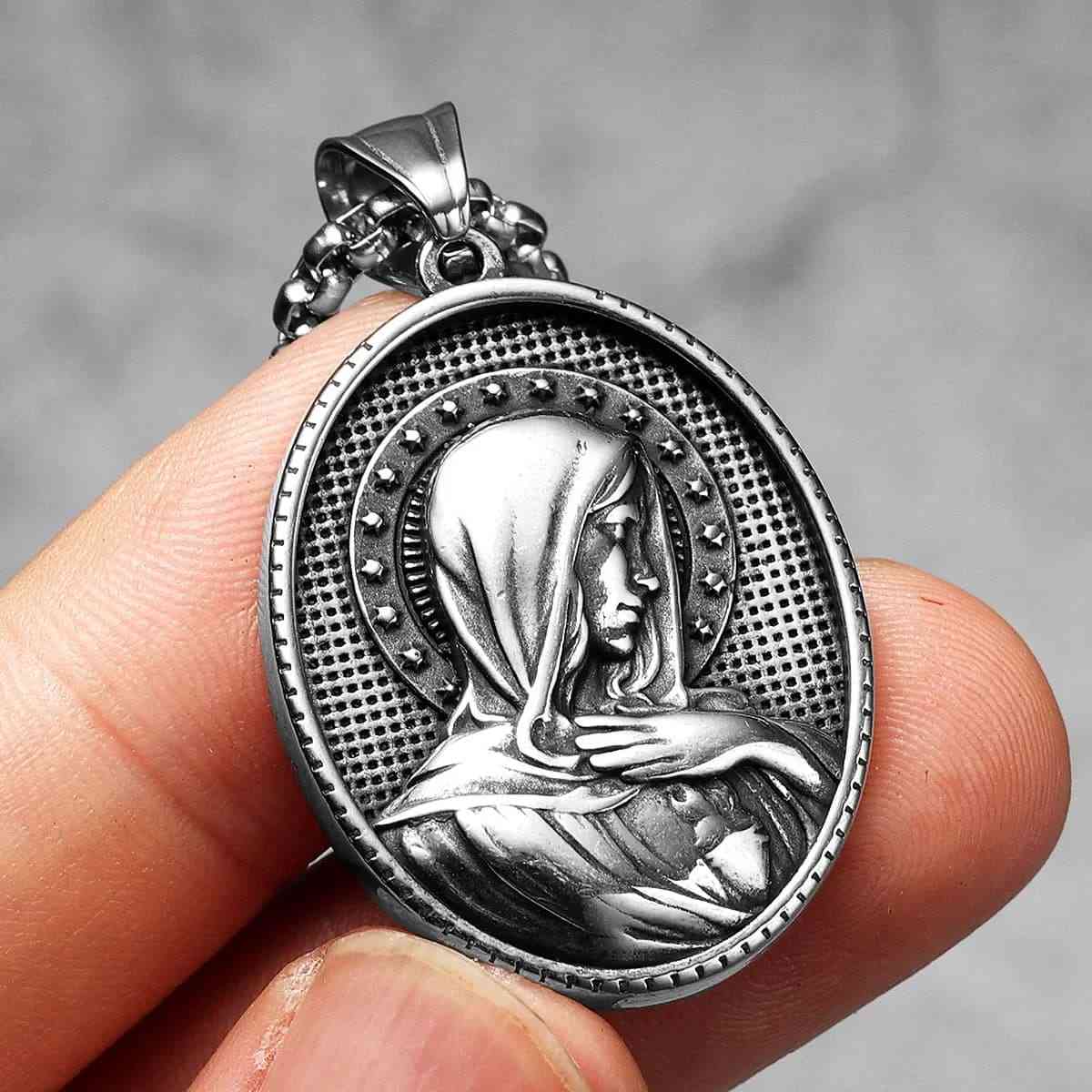 Oval Virgin Mary Necklace with Stars Front Xenos Jewelry