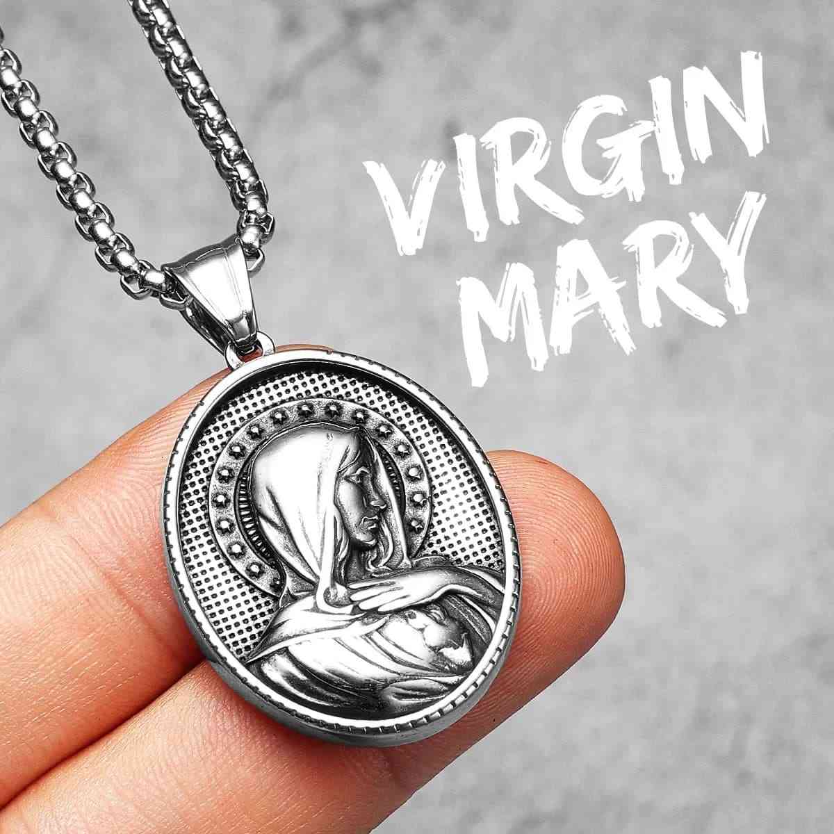 Oval Virgin Mary Necklace with Stars Pendant with Chain Xenos Jewelry