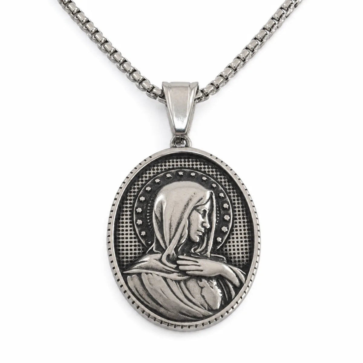 Oval Virgin Mary Necklace with Stars Silver Pendant with Chain Front View White Background