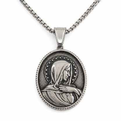 Oval Virgin Mary Necklace with Stars Silver Pendant with Chain Front View White Background