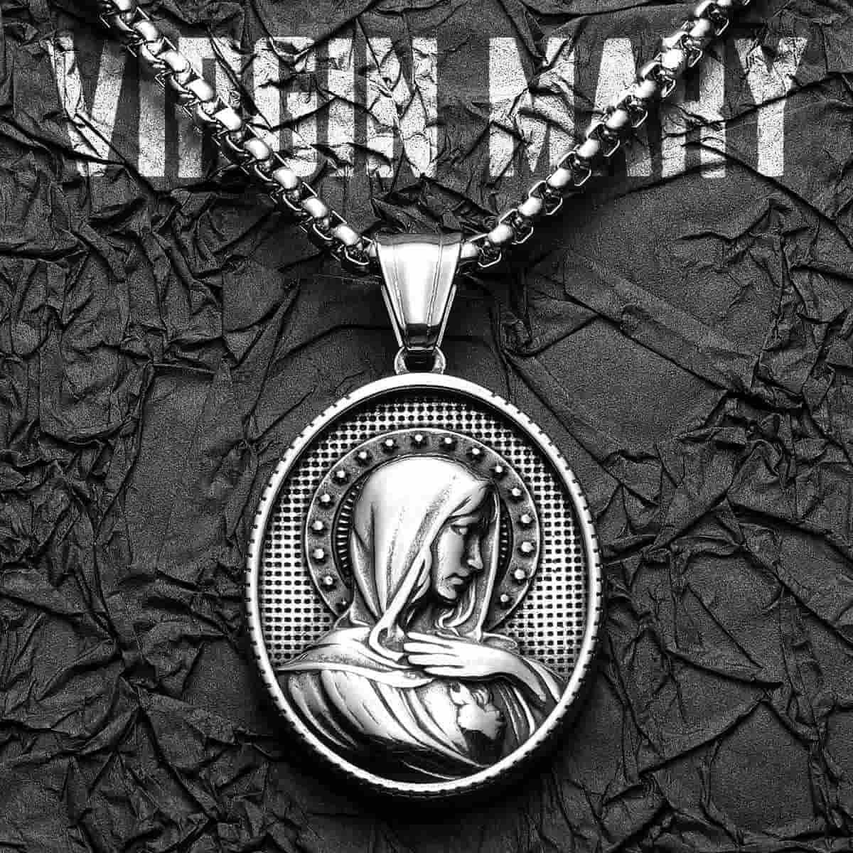 Oval Virgin Mary Necklace with Stars Xenos Jewelry