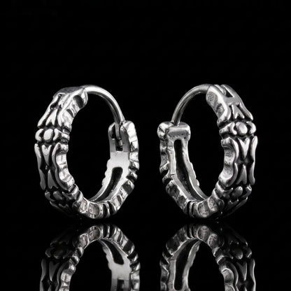 Oxidized Carved Hoop Earrings Silver Close Up Black Background