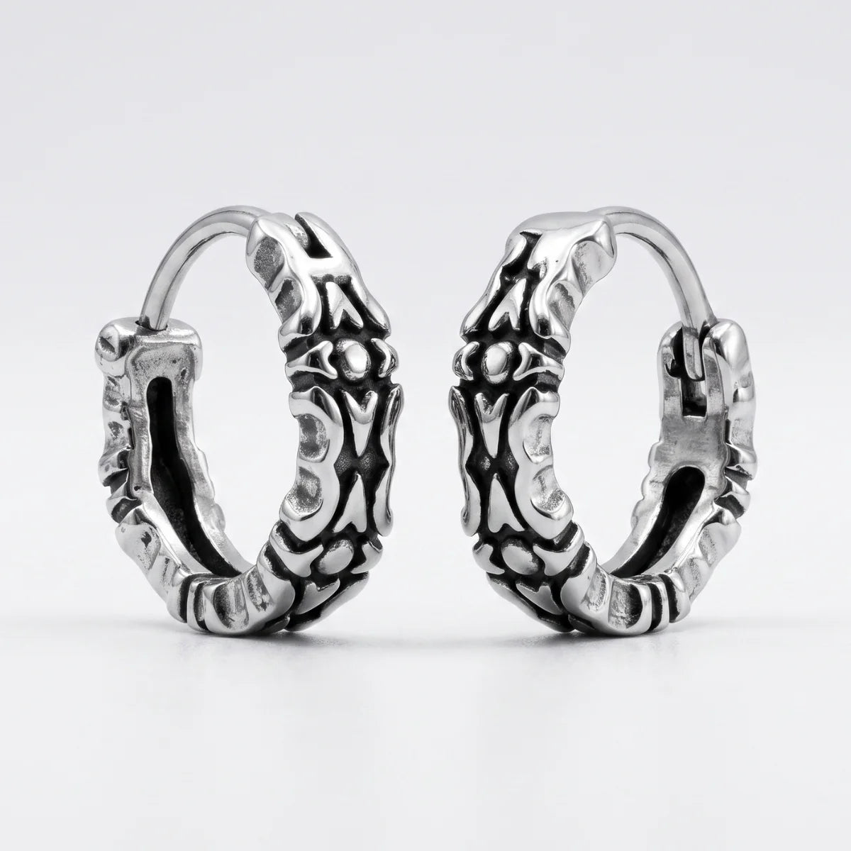 Oxidized Carved Hoop Earrings Silver Front View White Background