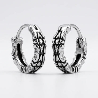 Oxidized Carved Hoop Earrings Silver Front View White Background