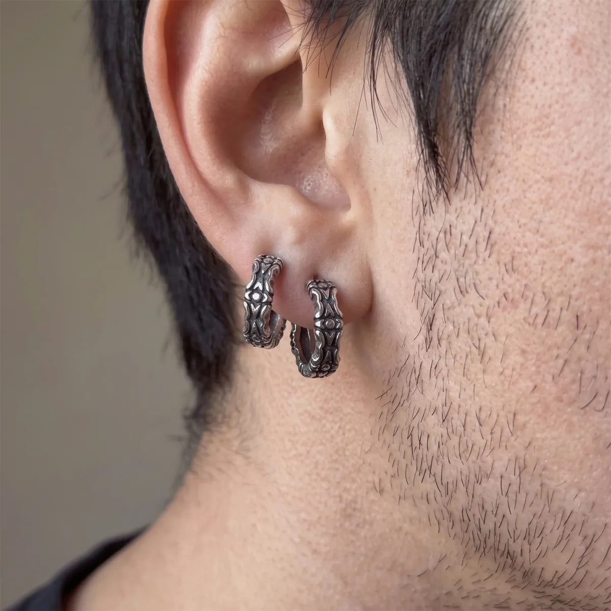 Oxidized Carved Hoop Earrings Silver Two Worn on One Ear