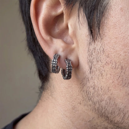 Oxidized Carved Hoop Earrings Silver Two Worn on One Ear