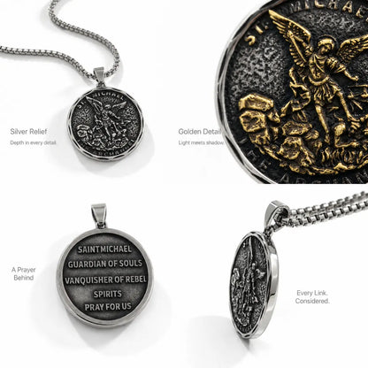 Oxidized St Michael Medallion Details and Features Infographic