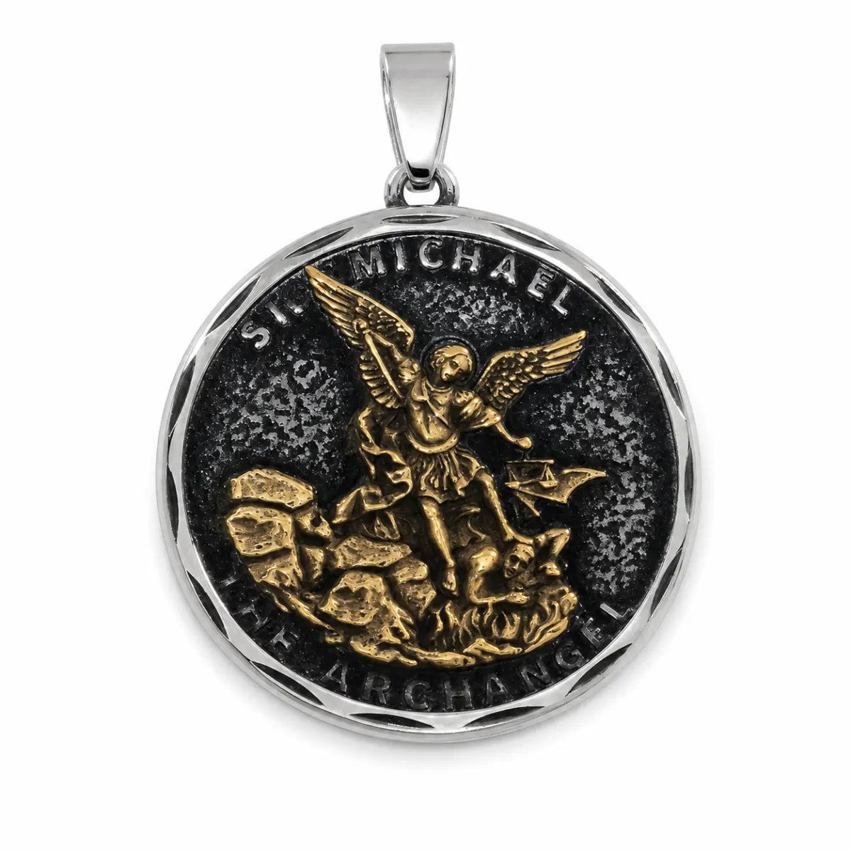 Oxidized St Michael Medallion Gold and Silver Pendant Only Front View White Background